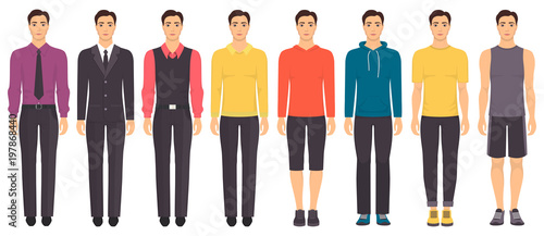 Young man standing in full growth in different clothes, formal, business, everyday, sports. Man in elegant and casual clothes. Basic wardrobe. Vector illustration, isolated.