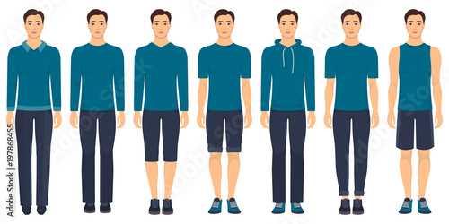 Young man standing in full growth in different clothes, formal, business, everyday, sports. Man in elegant and casual clothes. Basic wardrobe in two colors. Vector illustration, isolated.