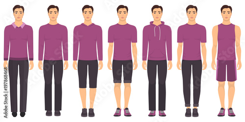 Young man standing in full growth in different clothes, formal, business, everyday, sports. Man in elegant and casual clothes. Basic wardrobe in two colors. Vector illustration, isolated.