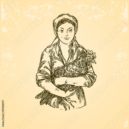 Poultry farm. Woman holding a chicken. Engraving style. Vector illustration.