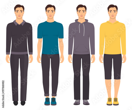 Young man standing in full growth in different clothes. Man in elegant, casual, sport clothes. Basic wardrobe. Vector illustration, isolated.
