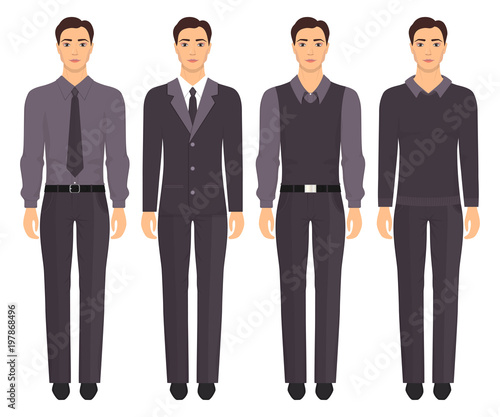 Young man standing in full growth in different formal clothes. Man in elegant and casual clothes. Basic wardrobe. Vector illustration, isolated.