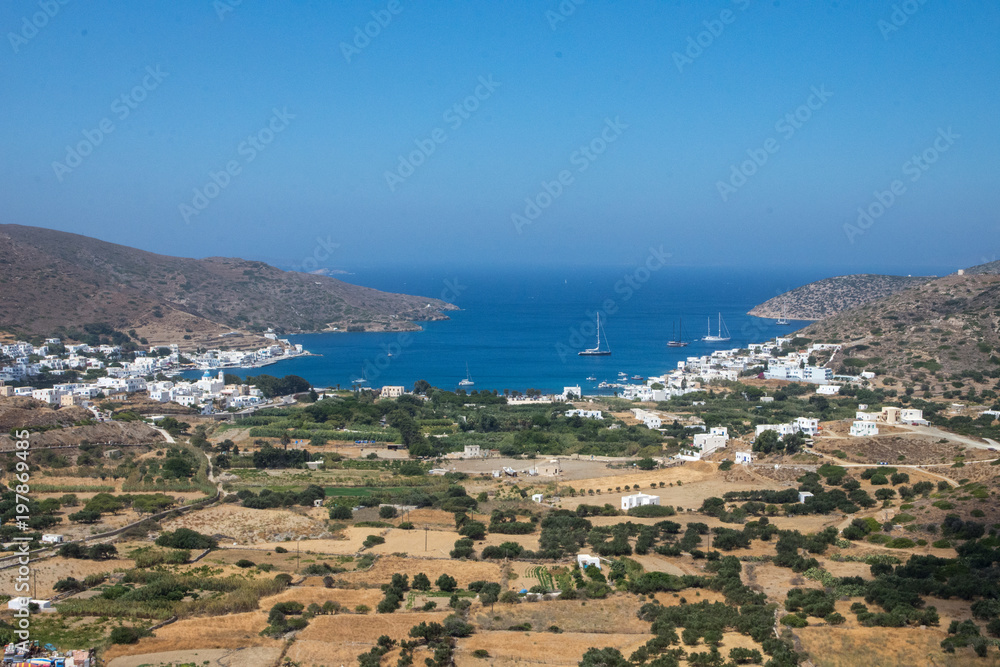 Panoramic view from the port of Amorgos at daytime.