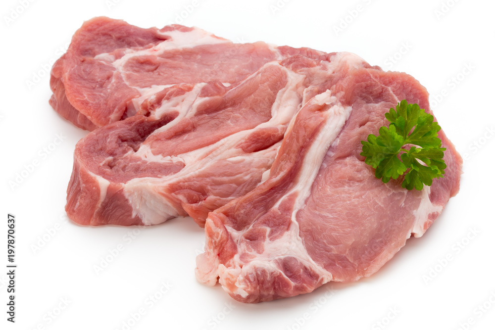 Meat pork slices isolated on the white background.