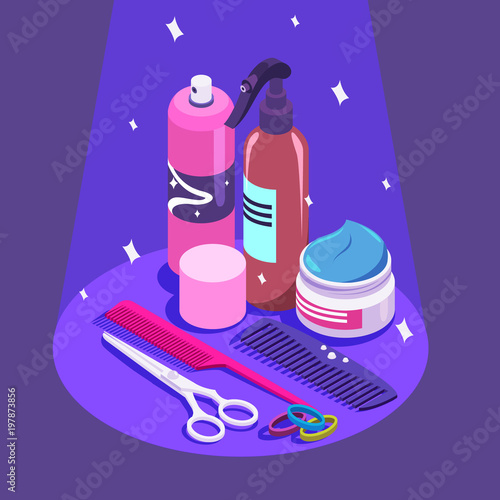 Set of styling equipment Cream, spray, shampoo, scissors.