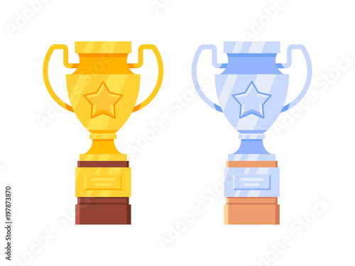 Flat design of gold and silver trophy cup isolated on white. Vector illustration