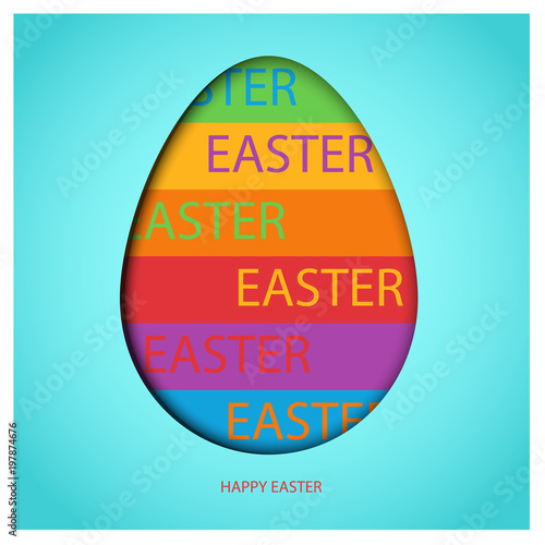 Easter Egg on sky-blue background with colorful spring rainbow and letterings. Red Happy Easter greeting text. Bright vector design in paper-cut style photo