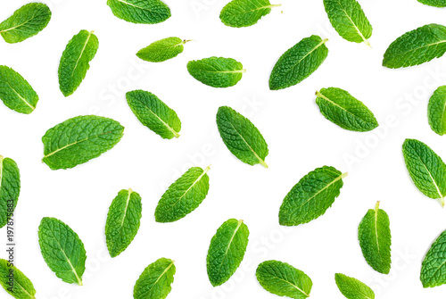 Fresh mint leaves pattern isolated on white background, flat lay. Macro.