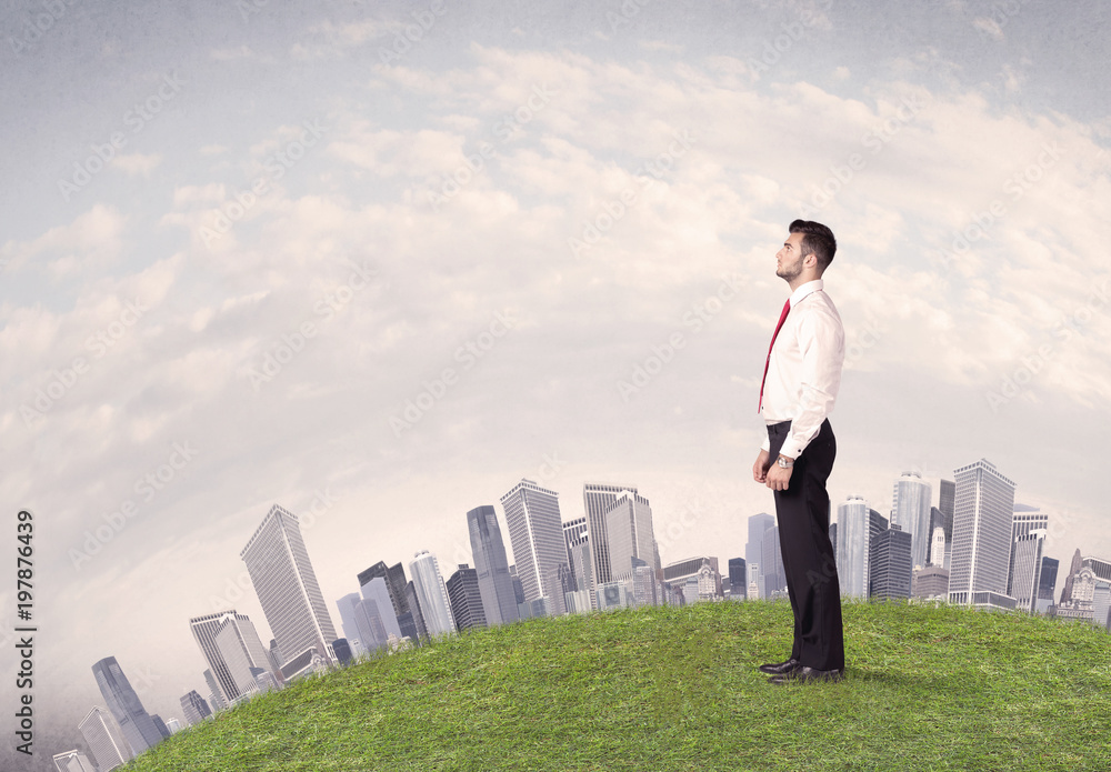 A successful male good looking business man standing in small green grass in front of city landscape with skyscrapers concept. A successful male good looking business man standing in small green grass in front of city landscape with skyscrapers concept.