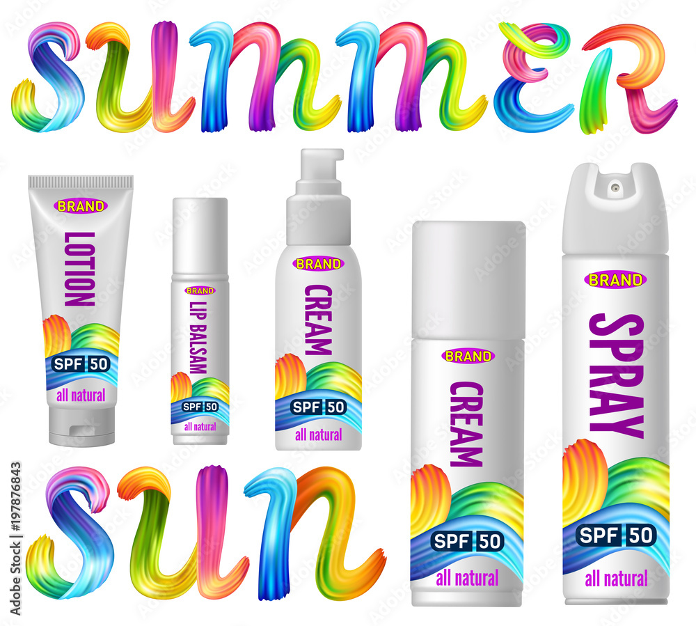 Set of sunscreen, cream, lotion, gel, balsam and spray. Protection from ...