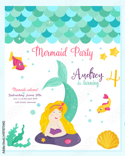 Bright invitation card with cute fairy mermaid