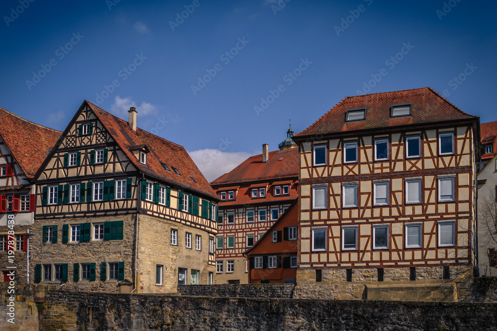 Cityscape with old, half-timbered buildings in romantic medieval town of Schwäbisch Hall in Baden-Württemberg, Germany