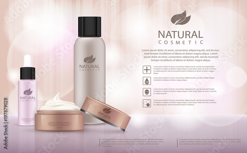 Moisturizing cosmetic products ad, llight beige bokeh background with beautiful containers 3d illustration.
