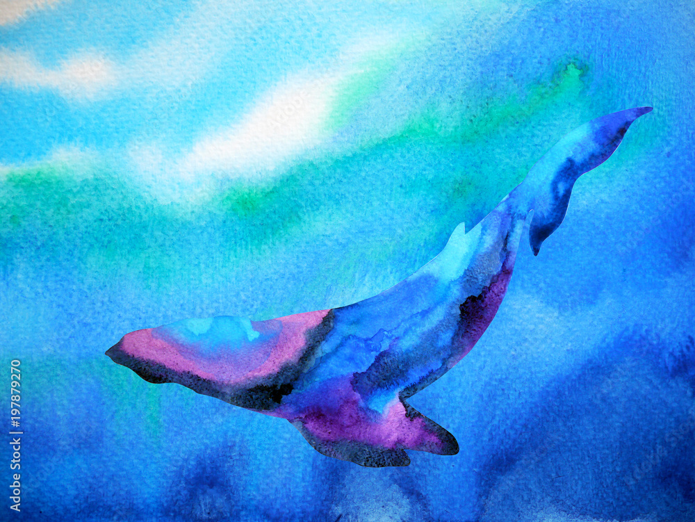 Fototapeta premium big whale diving swimming in deep blue ocean sea watercolor painting illustration design hand drawn
