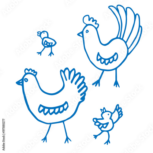 Birds set. Hen, rooster, chickens. Blue sketch of farm animals isolated on white background. Funny animal doodles. Cartoon characters for kids, prints, interior, design, fabric, wraps gifts, Easter