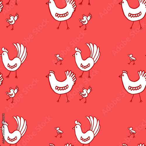 Seamless pattern with chickens in white and red colors. Birds set. Hen, rooster, chickens. Pattern in sketch style with farm animals on red background. For fabric, textile, wraps gifts, Easter.