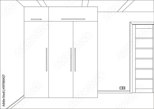 3D vector illustration. Wardrobe in the interior. Modern functional wardrobe with decorations and appliances. Home office with table. Table hidden in the closet.