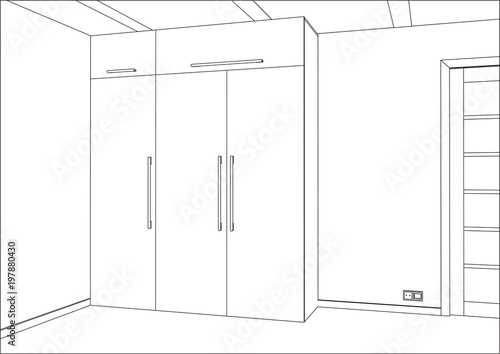 3D vector illustration. Wardrobe in the interior. Modern functional wardrobe with decorations and appliances. Home office with table. Table hidden in the closet. Lines, construction, appliances.