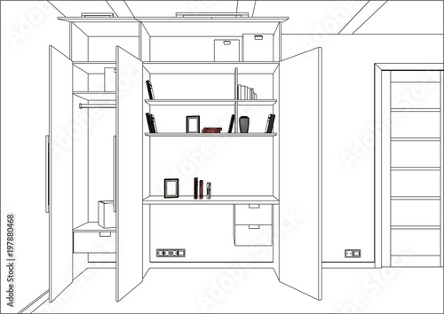 3D vector illustration. Wardrobe in the interior. Modern functional wardrobe with decorations and appliances. Home office with table. Table hidden in the closet. Project management.