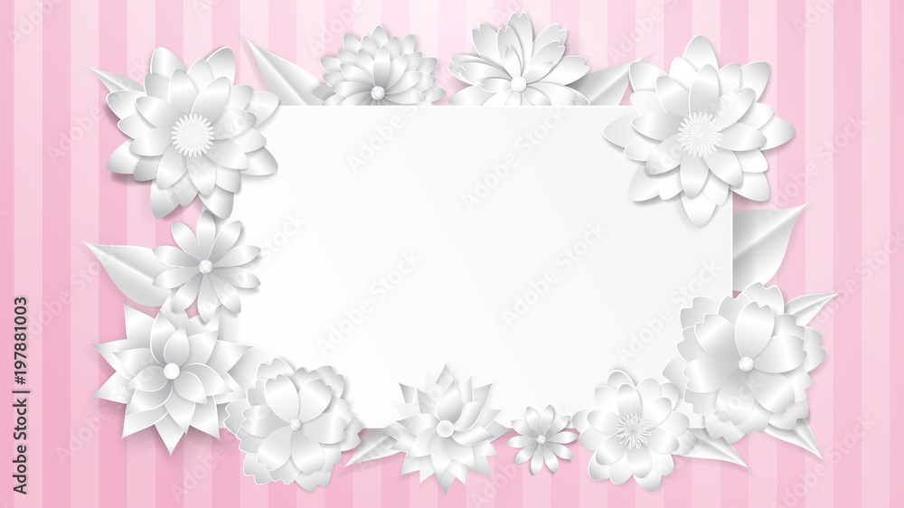 Greeting card template with beautiful volume paper flowers with soft shadows on striped background in pink colors