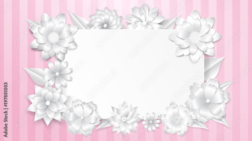 Greeting card template with beautiful volume paper flowers with soft shadows on striped background in pink colors Greeting card template with beautiful volume paper flowers with soft shadows on striped background in pink colors