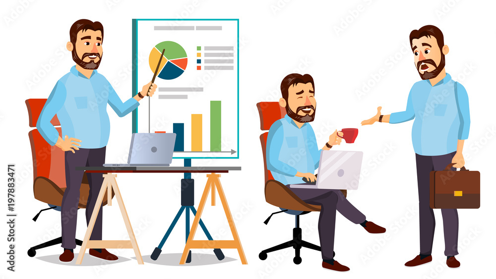 Boss Working Character Vector. Working Male. Modern Office Workplace.  Animation Work. Cartoon Business Illustration Stock Vector | Adobe Stock