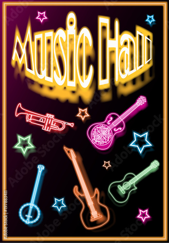 Quadro em tela Music-hall is an illustrated poster, with musical instruments