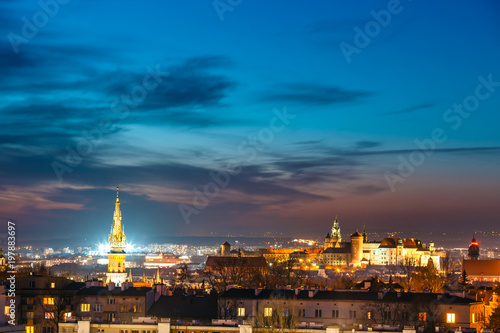 Scenic nightscape of Krakow with Wawel Castle, Poland