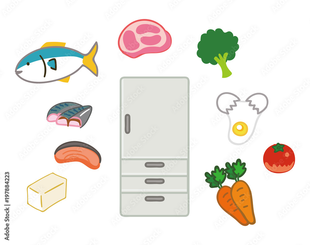 冷蔵庫と色んな食材のイラスト Stock Vector Adobe Stock