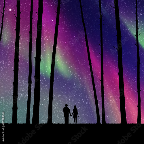 Lovers in forest at night. Vector illustration with silhouette of loving couple. Northern lights in starry sky. Colorful aurora borealis