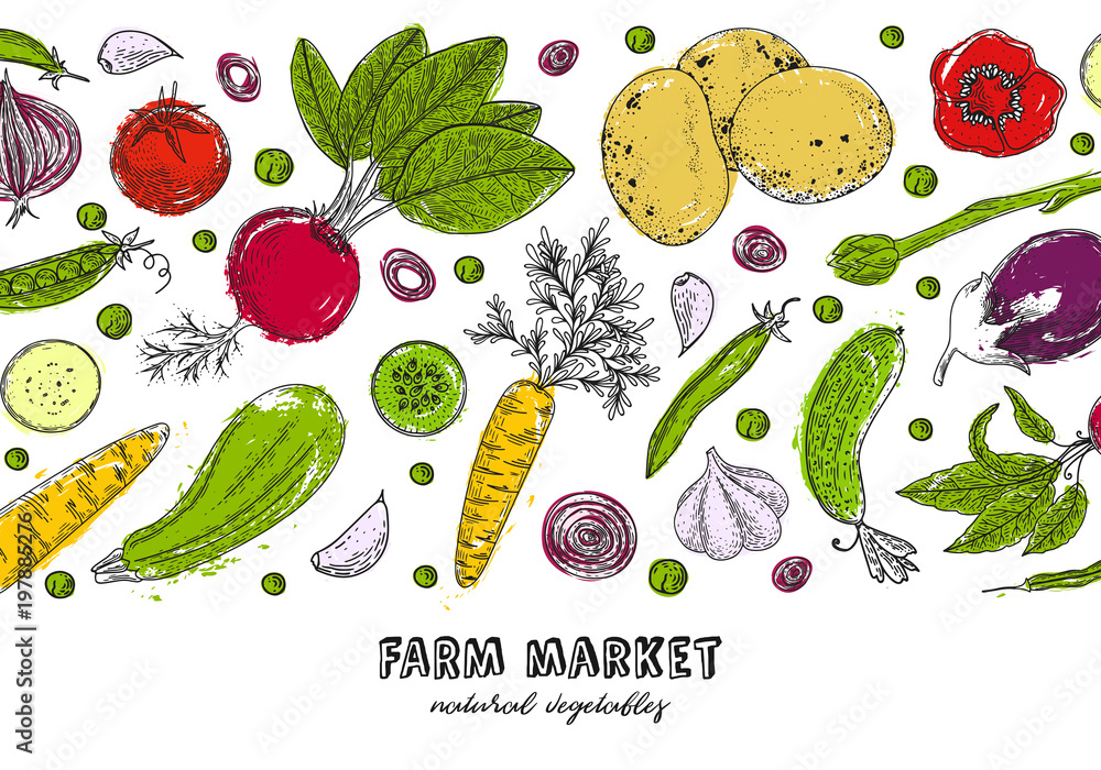 Organic food design template. Fresh vegetables. Detailed vegetarian ...