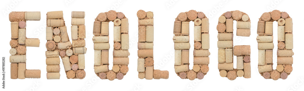 Word Winemaker in Italian Enologo made of wine corks Isolated on white background