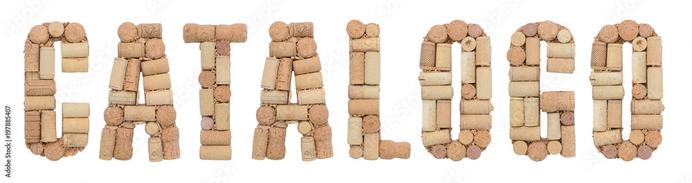 Word Catalog in Italian Catalogo made of wine corks Isolated on white background
