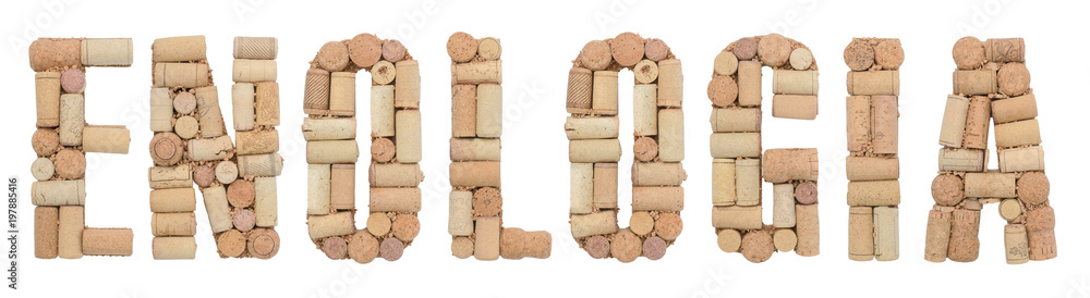 Word Winemaking in Italian Enologia made of wine corks Isolated on white background