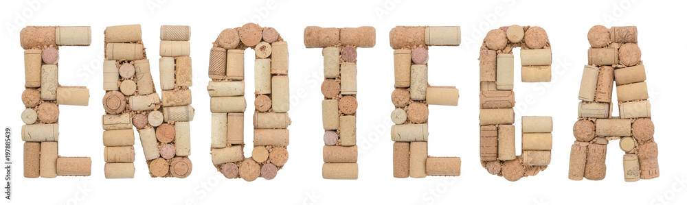 Word Wine cellar in Italian Enoteca made of wine corks Isolated on white background