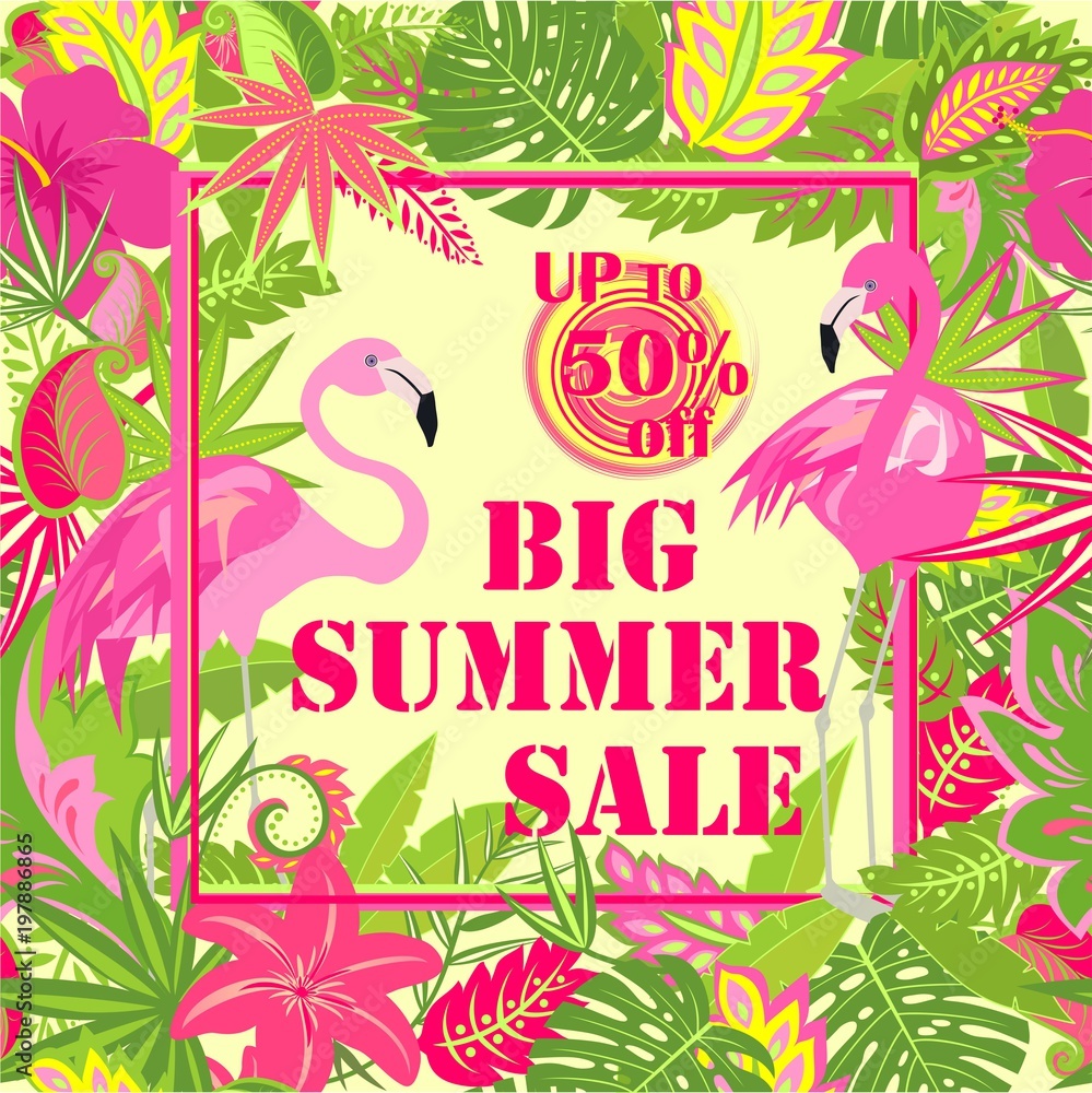 Naklejka premium Poster with big summer sale lettering, offer label, palm leaves, tropical flowers and pink flamingo. Art deco style. Vector background for banner, flyer, tag, card, brochure
