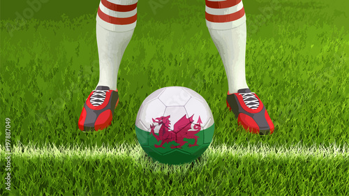 Man and soccer ball with Welsh flag 