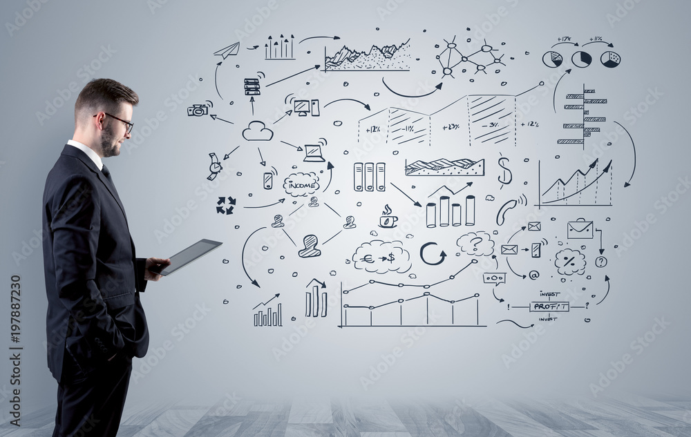 Manager staying and presenting office affairs for someone with graphs, icons reports around
Manager staying and presenting office affairs for someone with graphs, icons reports around