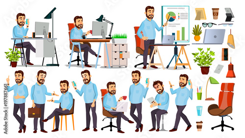 Boss Character Vector. CEO, Managing Director, Representative Director. Poses, Emotions. Boss Meeting. Cartoon Business Illustration © PikePicture