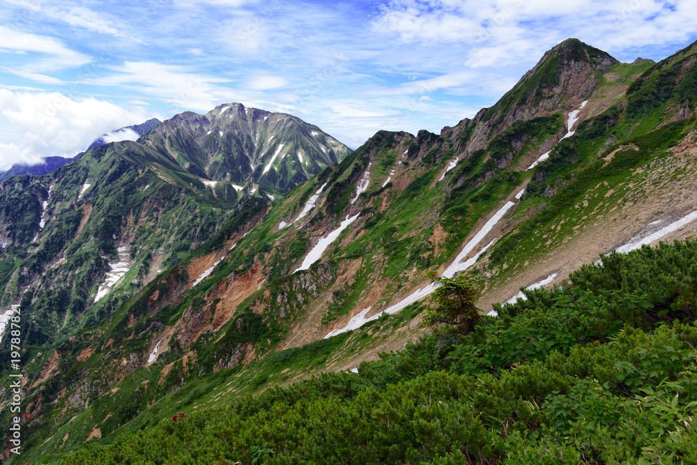 Alpine terrain of the Northern Alps in Japan, a popular mountain for Japanese hikers and climbers and potentially dangerous peak with snow, steep terrain and crevasse like dangers Alpine terrain of the Northern Alps in Japan, a popular mountain for Japanese hikers and climbers and potentially dangerous peak with snow, steep terrain and crevasse like dangers