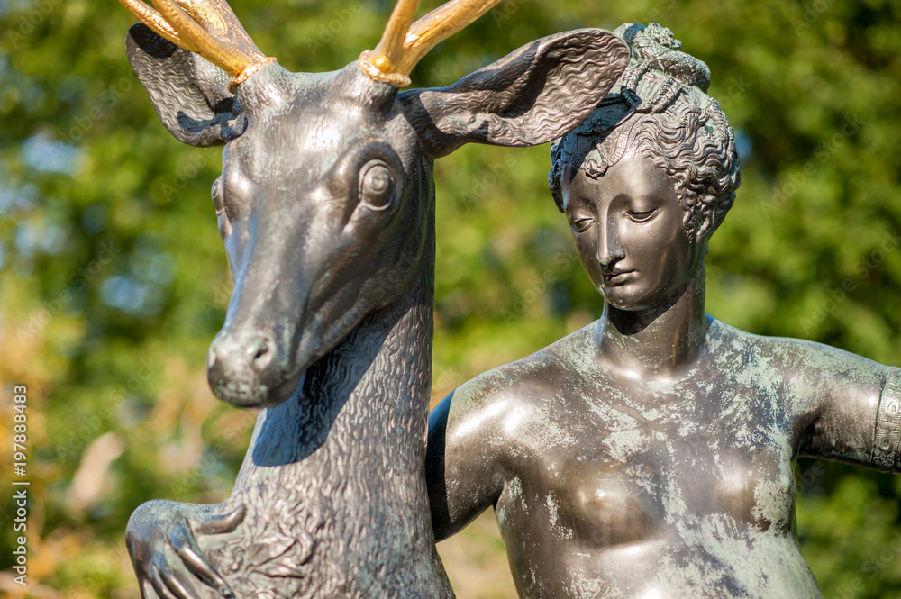 Historic public sculpture in Stockholm of Diana the goddess of hunt resting. (release not required for historic sculptures in Sweden)