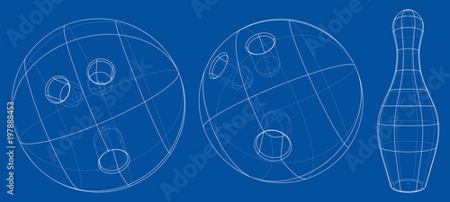 Bowling skittles and ball outline. Vector