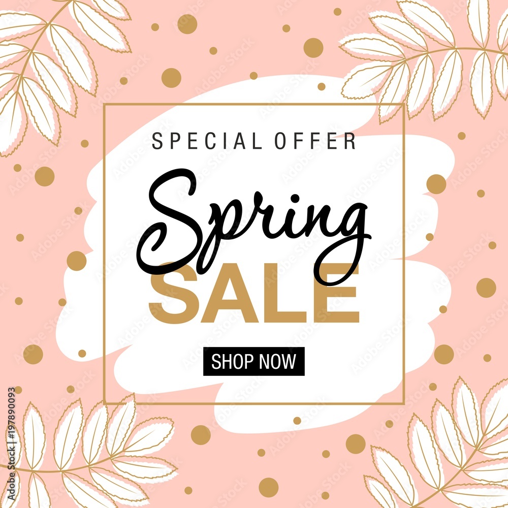 Spring sale background with beautiful flowers. Vector illustration. Frame with colors and words.