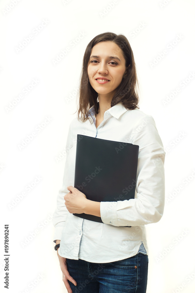 beautiful businesswoman standing with folder in studio on the white background beautiful businesswoman standing with folder in studio on the white background