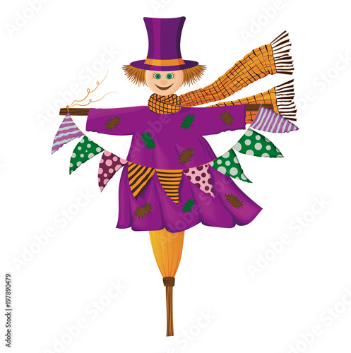 Vector illustration of friendly scarecrow. Children's decorative element for celebrating Halloween.