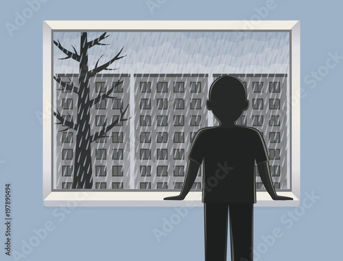 Vector silhouette of a man is standing near window and looking into it. It is raining outside the window. 