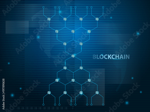 Abstract Crypto Currency Blockchain Technology on World Map Background in futuristic style. Vector illustration design.