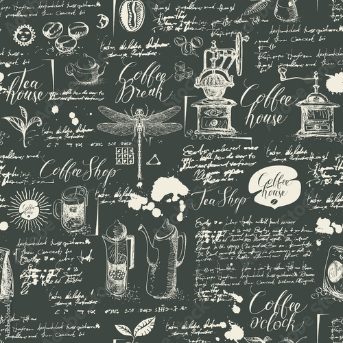 Vector seamless pattern on tea and coffee theme in retro style. Various coffee symbols, dragonfly, blots and inscriptions on a background of old manuscript. Can be used as wallpaper or wrapping paper