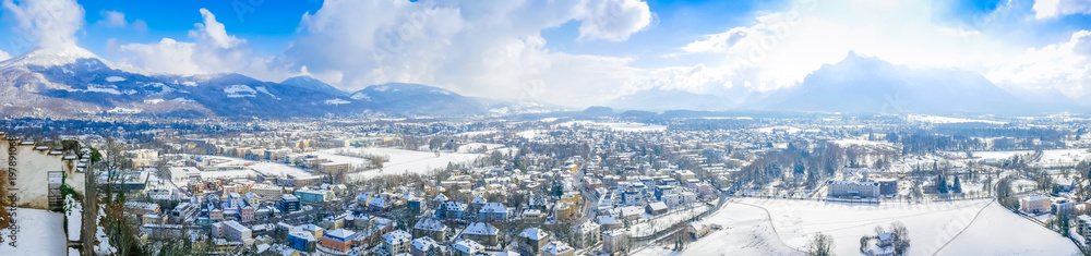 panorama landscape view salzburg austria moutain blue sky  city