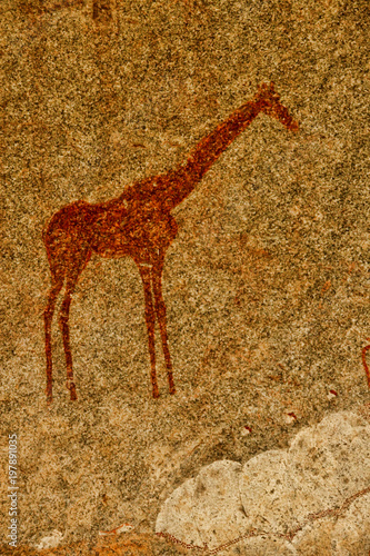 Bushmen rock painting of human figures and antelopes, giraffe of the Matopos National Park, Zimbabwe